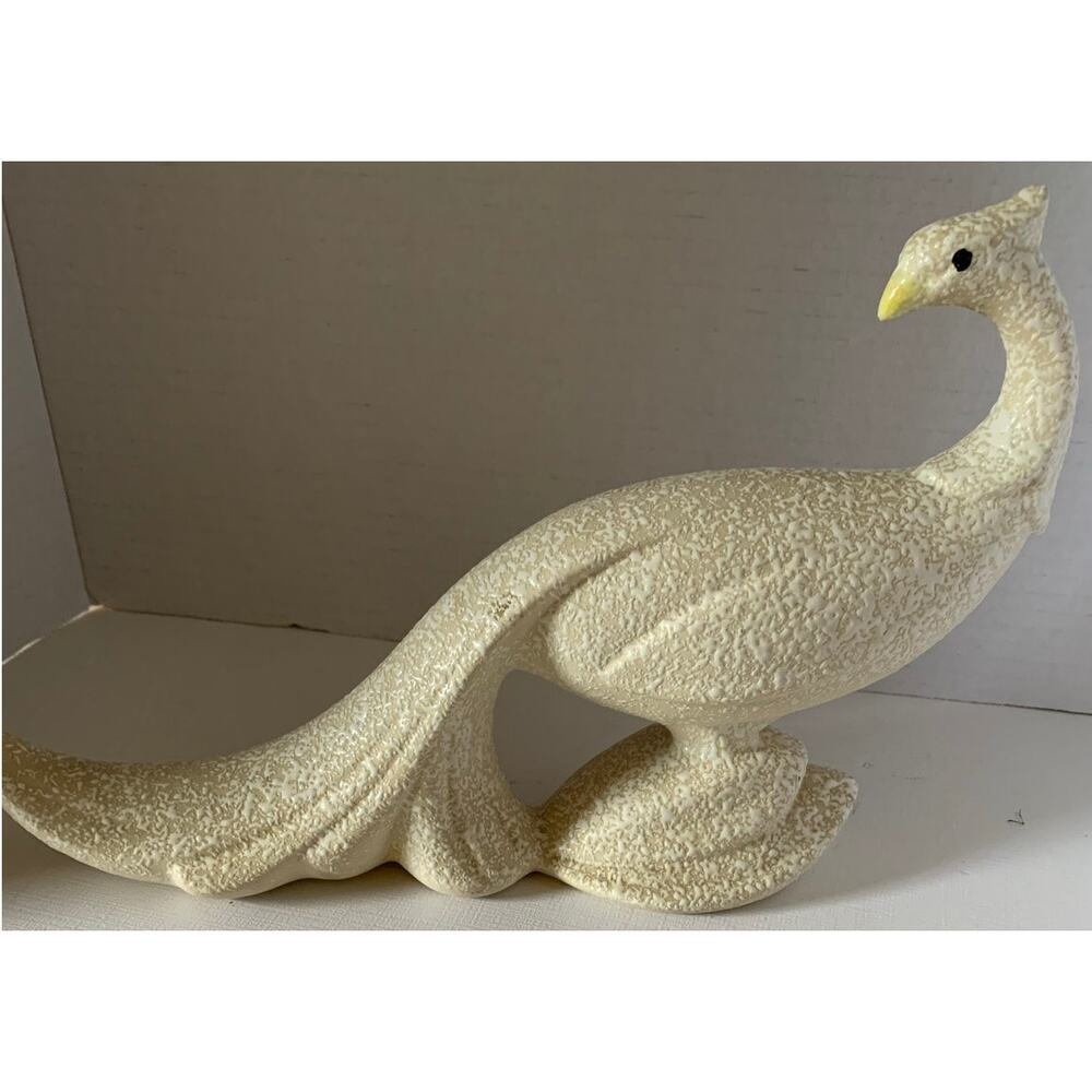 Vintage MCM Tan Splatter Textured Ceramic Peacock Figurine